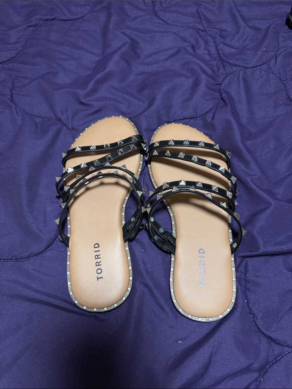 torrid Black Studded Multi-Strap Slide Sandals with Tan Footbed